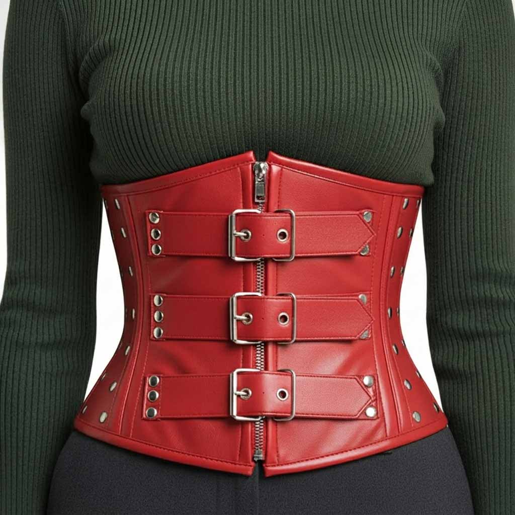 Front view of a red real leather underbust corset belt showing the front zipper and silver buckle closures.
