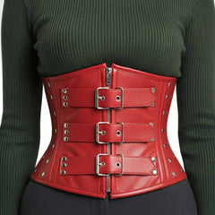Front view of a red real leather underbust corset belt showing the front zipper and silver buckle closures.