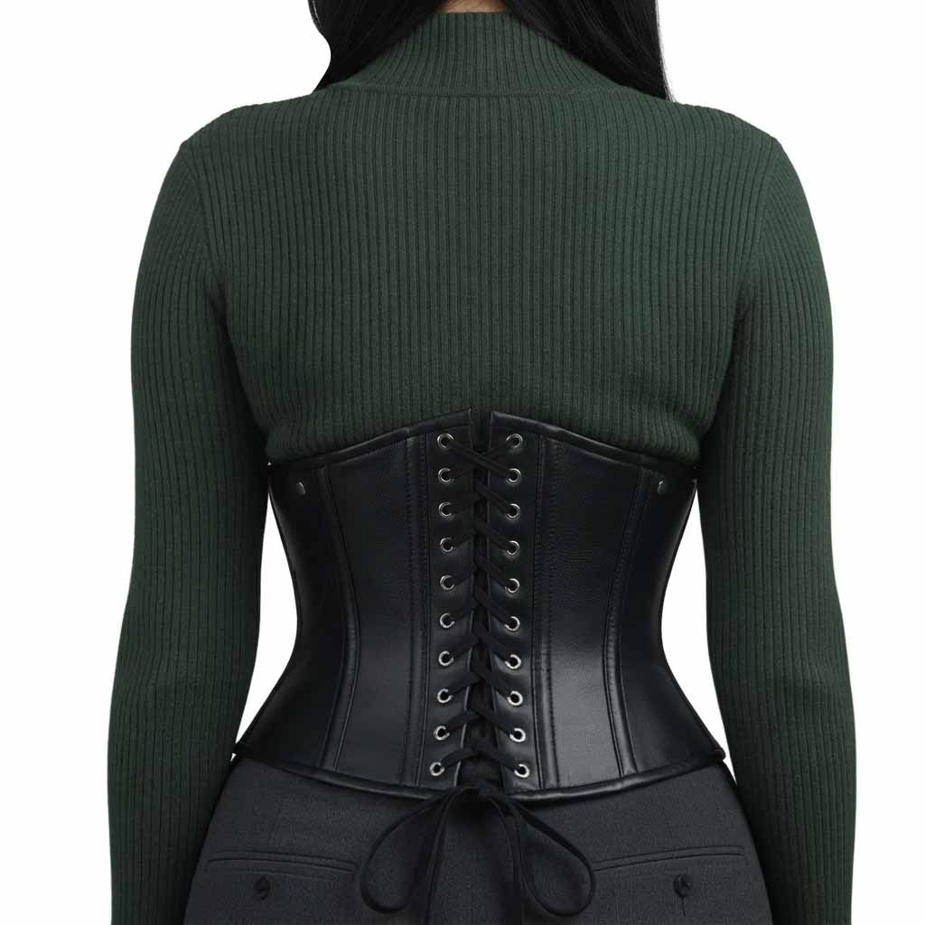 Rear view showing the back lace-up cord cinching system and metal grommets on a black real leather underbust corset.