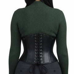 Rear view showing the back lace-up cord cinching system and metal grommets on a black real leather underbust corset.