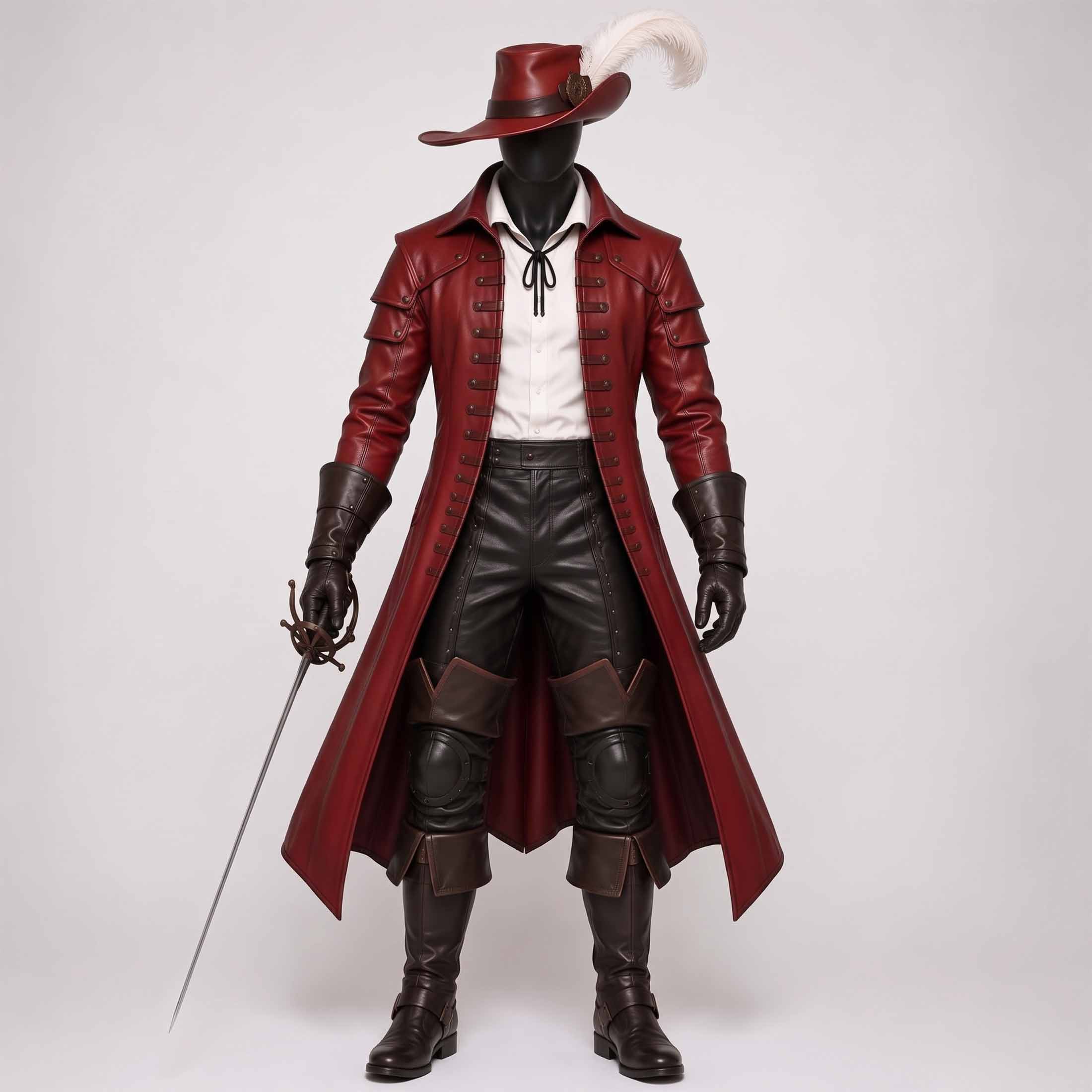 Full front view of handmade red leather pirate captain costume coat with matching plumed hat and waist belt on white background