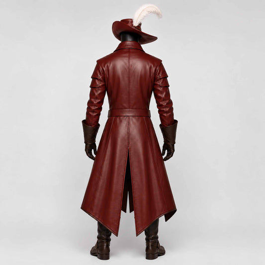 Back full length view of mens crimson red leather pirate duster coat showing tiered shoulder pauldrons and center split tailcoat hem