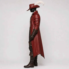 Side profile angle of red leather Renaissance pirate frock coat displaying sleeve construction and wide brim feather hat
