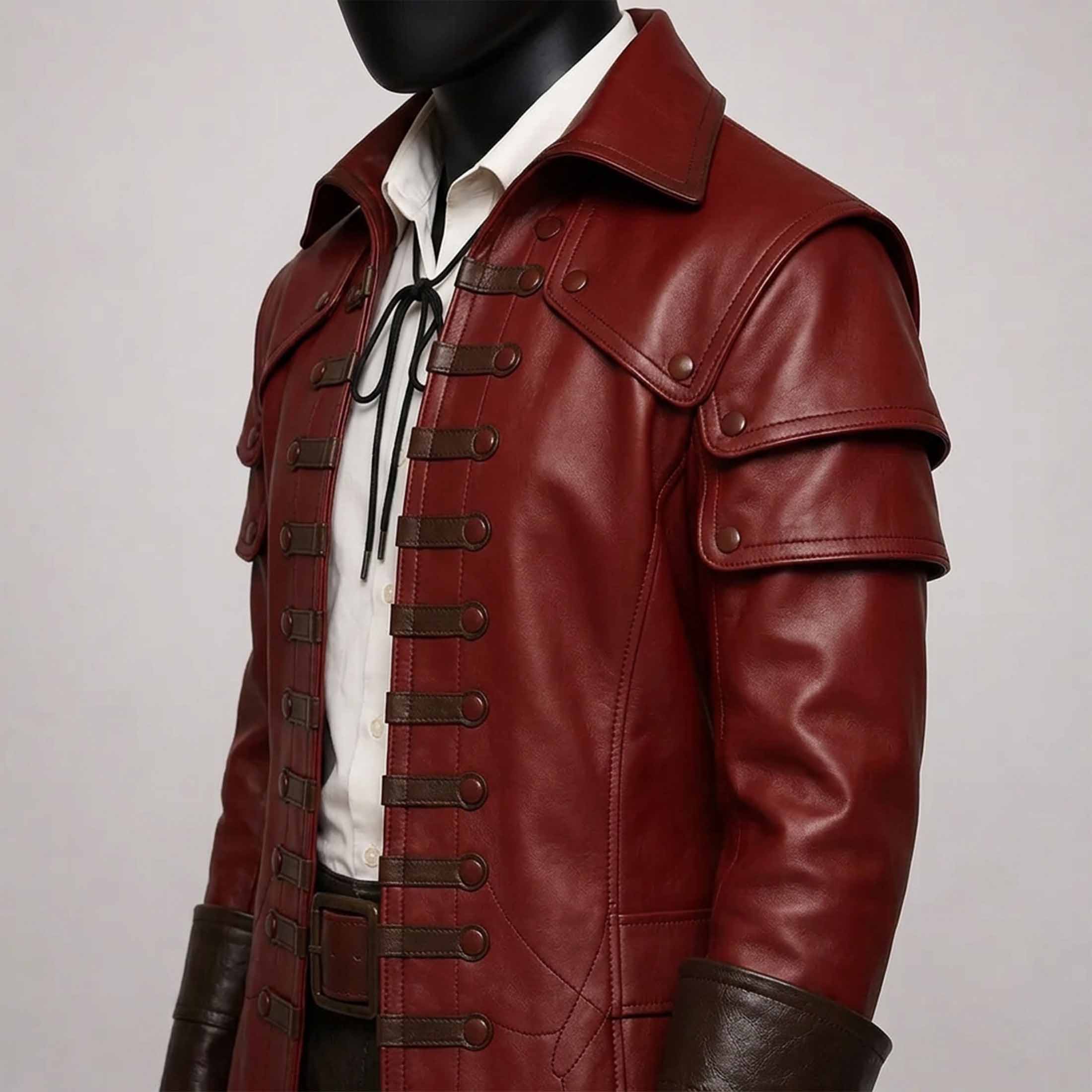 Close up detail of red leather pirate coat chest showing horizontal brown strap button closures wide collar and tiered shoulder guards