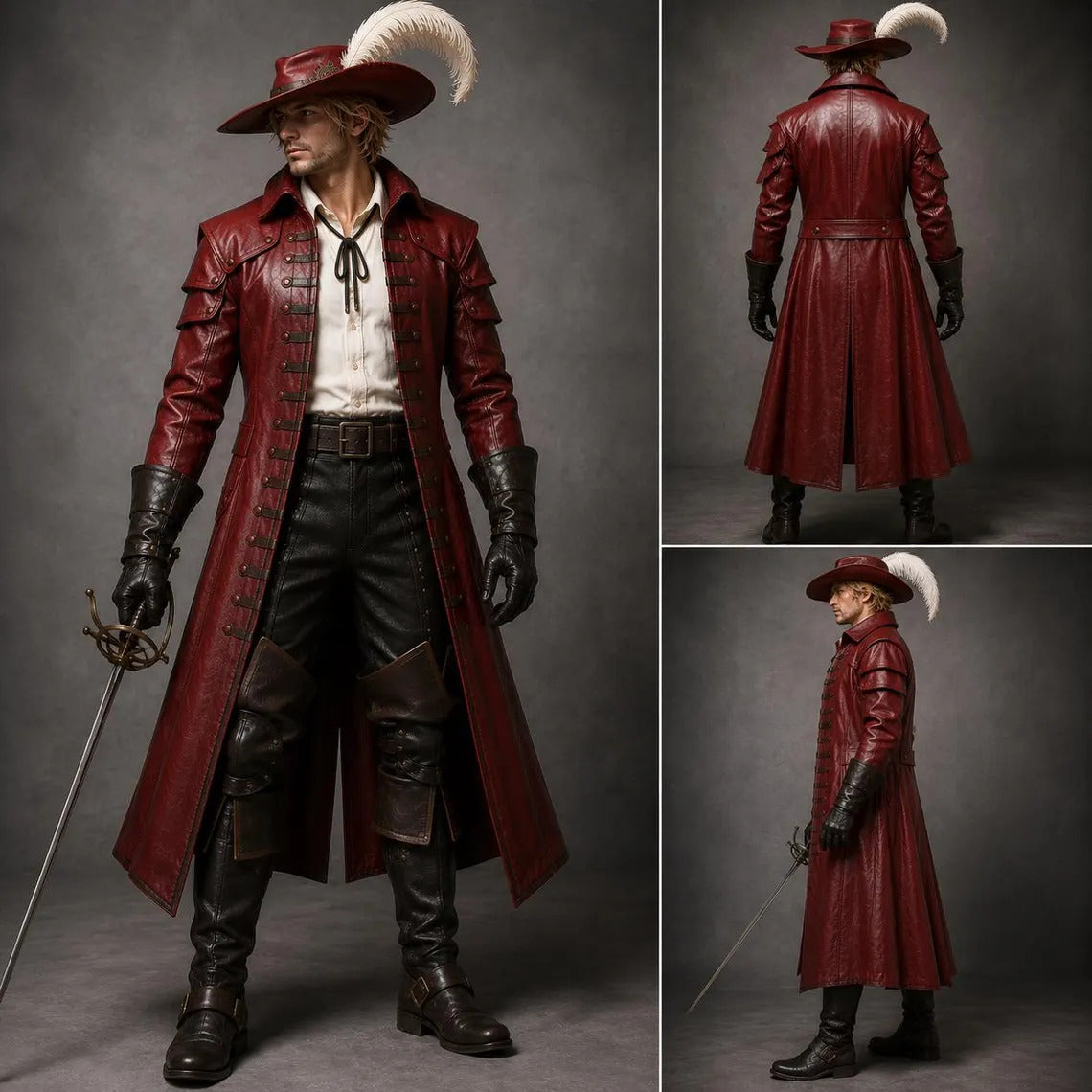 Three panel studio shot featuring front back and side views of male model wearing handmade red leather pirate costume with sword