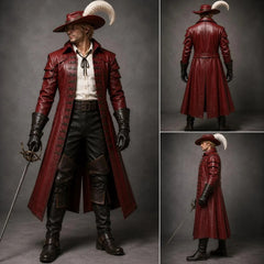 Three panel studio shot featuring front back and side views of male model wearing handmade red leather pirate costume with sword