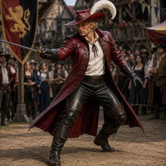 Male actor wearing full crimson leather pirate captain costume and plumed hat in fencing stance with rapier at outdoor medieval village