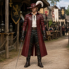 Full length outdoor portrait of pirate captain dressed in tailored red leather tailcoat hat and leather boots standing on medieval fairground path