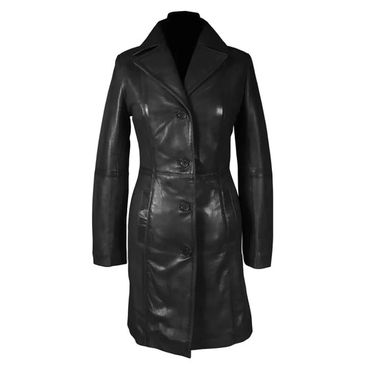 A black leather double-breasted coat with a wide collar and front buttons, displayed on a black mannequin torso against a white background. A circular 'Leather Adults Genuine Leather' logo watermark is visible on the lower front.