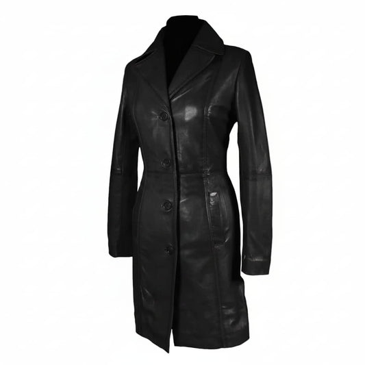Womens Black Beautiful LAMBS LEATHER Ladies Steampunk GOTH Style Trench Coat T16