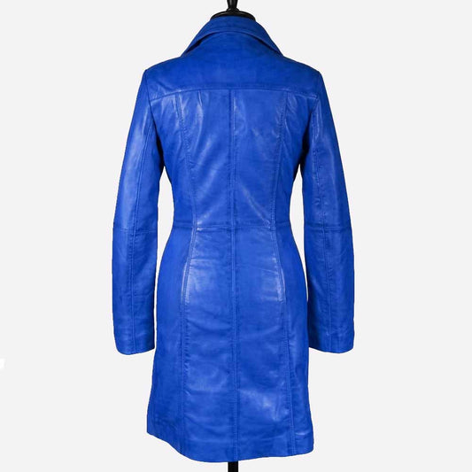 Womens Blue Beautiful LAMBS LEATHER Ladies Steampunk GOTH Style Trench Coat T16