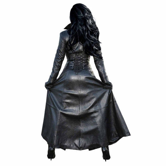 Sexy Lady Pure Black Nappa Lambs Sheep Leather Trench Steampunk Gothic Matrix Coat