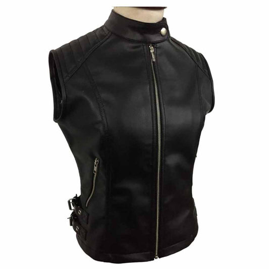 Sexy Women's Ladies Real BLACK SHEEP LAMB Leather Bikers Waistcoat Vest