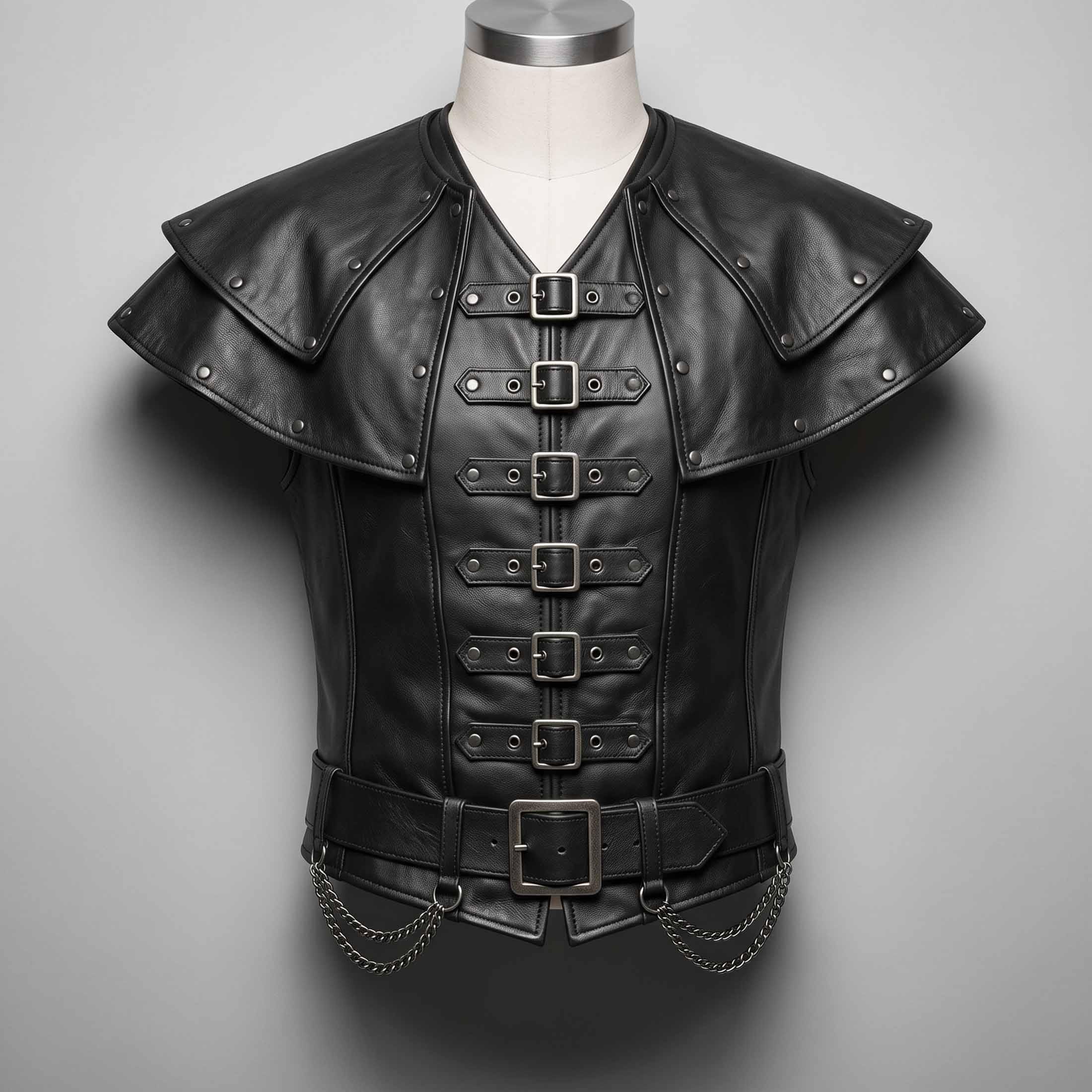 Front angle of a men's handmade black leather gothic steampunk armor vest with tiered studded shoulder mantle, six buckle front closures, and lower belt chains.