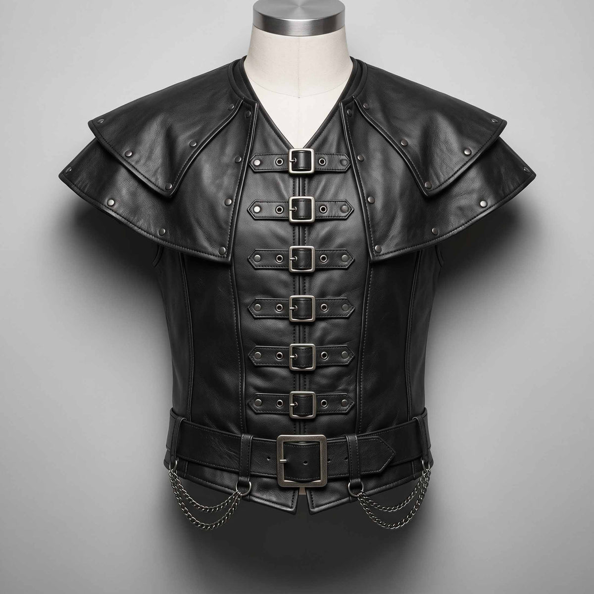 Front angle of a men's handmade black leather gothic steampunk armor vest with tiered studded shoulder mantle, six buckle front closures, and lower belt chains.