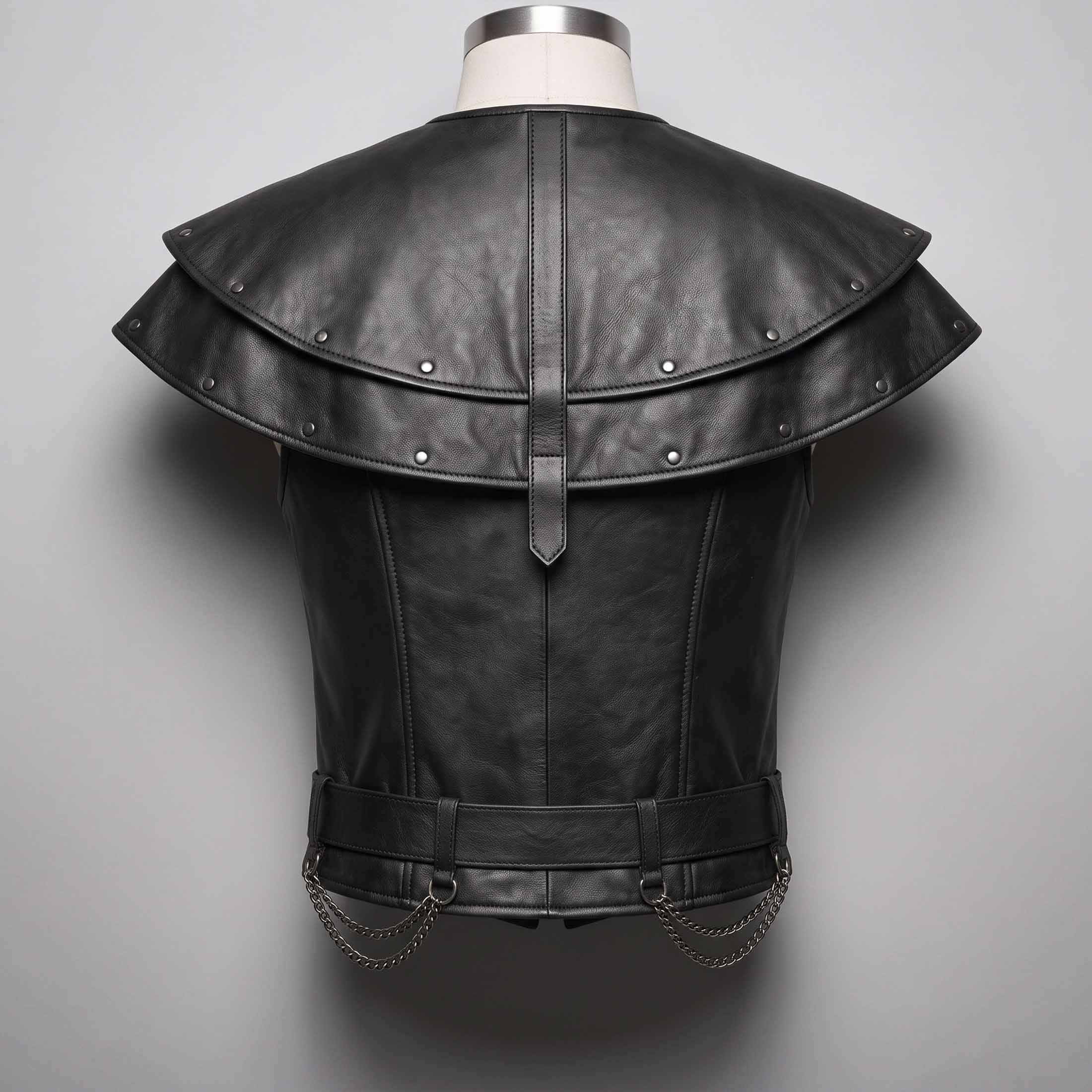 Rear view of a tailored black leather gothic warrior jerkin showing the layered riveted back capelet, vertical harness strap, and hanging side chains.