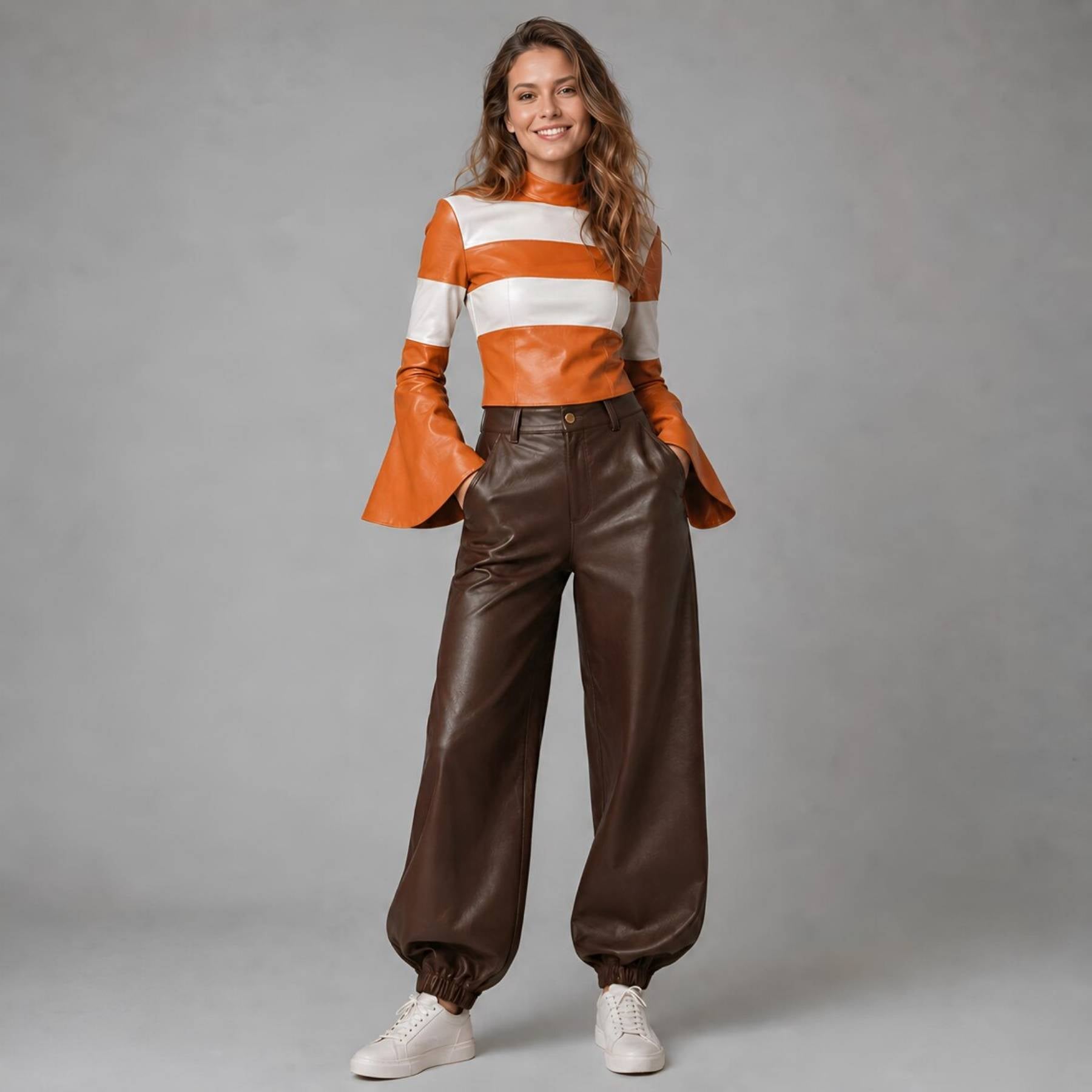 Full length front view of a woman wearing a 70s retro orange and white striped leather crop top with flared bell sleeves and loose brown leather harem pants paired with sneakers