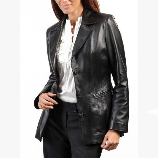 Women's Black Genuine Lambskin Real Leather Blazer Coat Jacket Slim Fit Coat