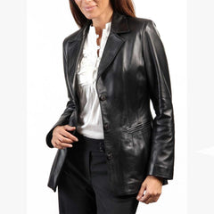 Women's Black Genuine Lambskin Real Leather Blazer Coat Jacket Slim Fit Coat