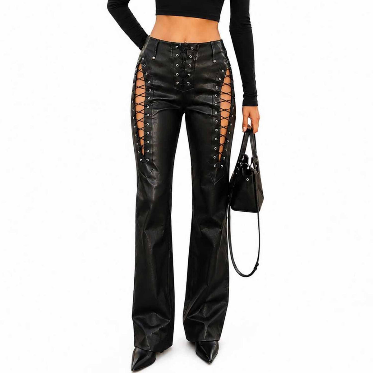 Women's Black Genuine Leather Lace-Up Flare Pants High Waist Goth Punk Streetwear Trousers