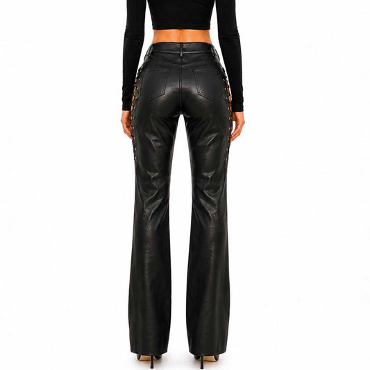 Women's Black Genuine Leather Lace-Up Flare Pants High Waist Goth Punk Streetwear Trousers