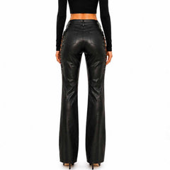 Women's Black Genuine Leather Lace-Up Flare Pants High Waist Goth Punk Streetwear Trousers