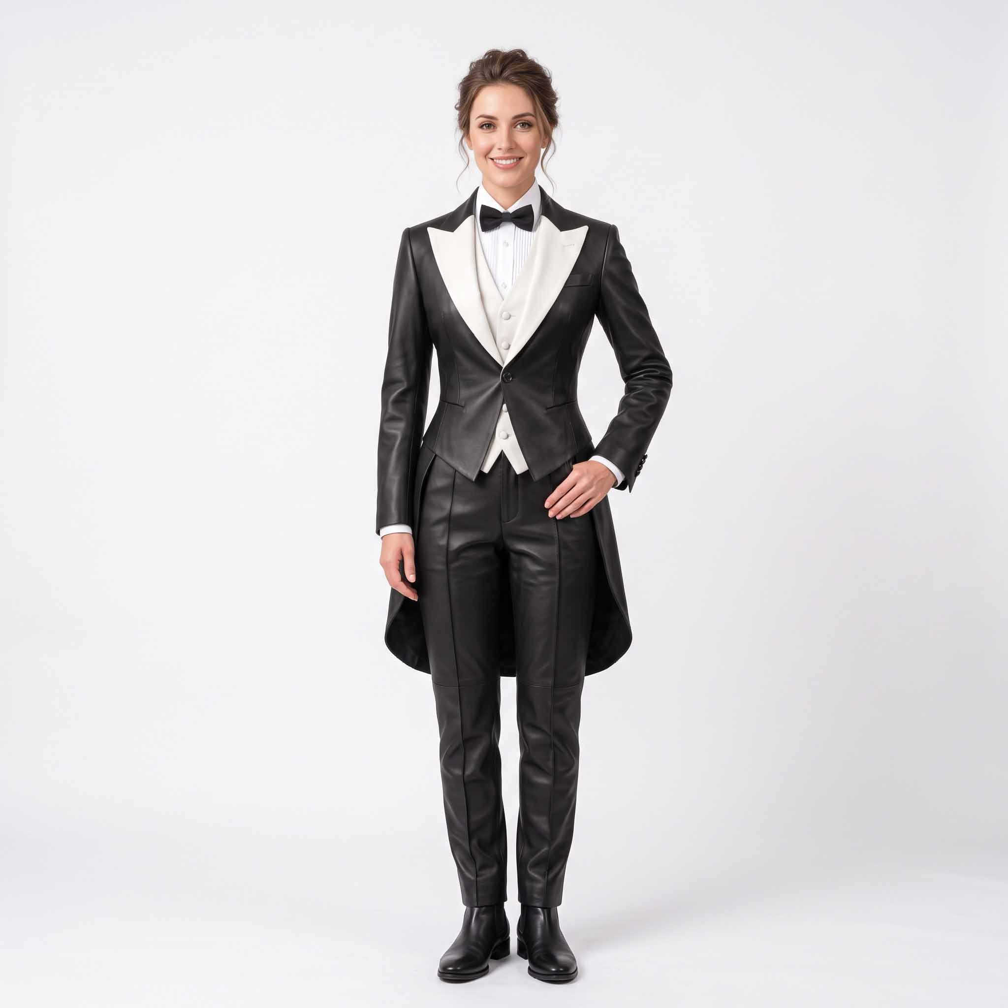 Full length front studio view of smiling woman wearing handmade black lambskin leather tailcoat suit with contrast white peak lapels, bow tie, and matching pants