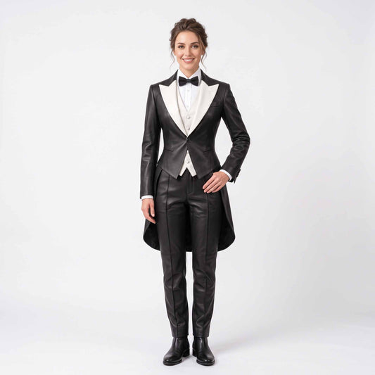 Full length front studio view of smiling woman wearing handmade black lambskin leather tailcoat suit with contrast white peak lapels, bow tie, and matching pants