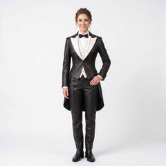 Full length front studio view of smiling woman wearing handmade black lambskin leather tailcoat suit with contrast white peak lapels, bow tie, and matching pants