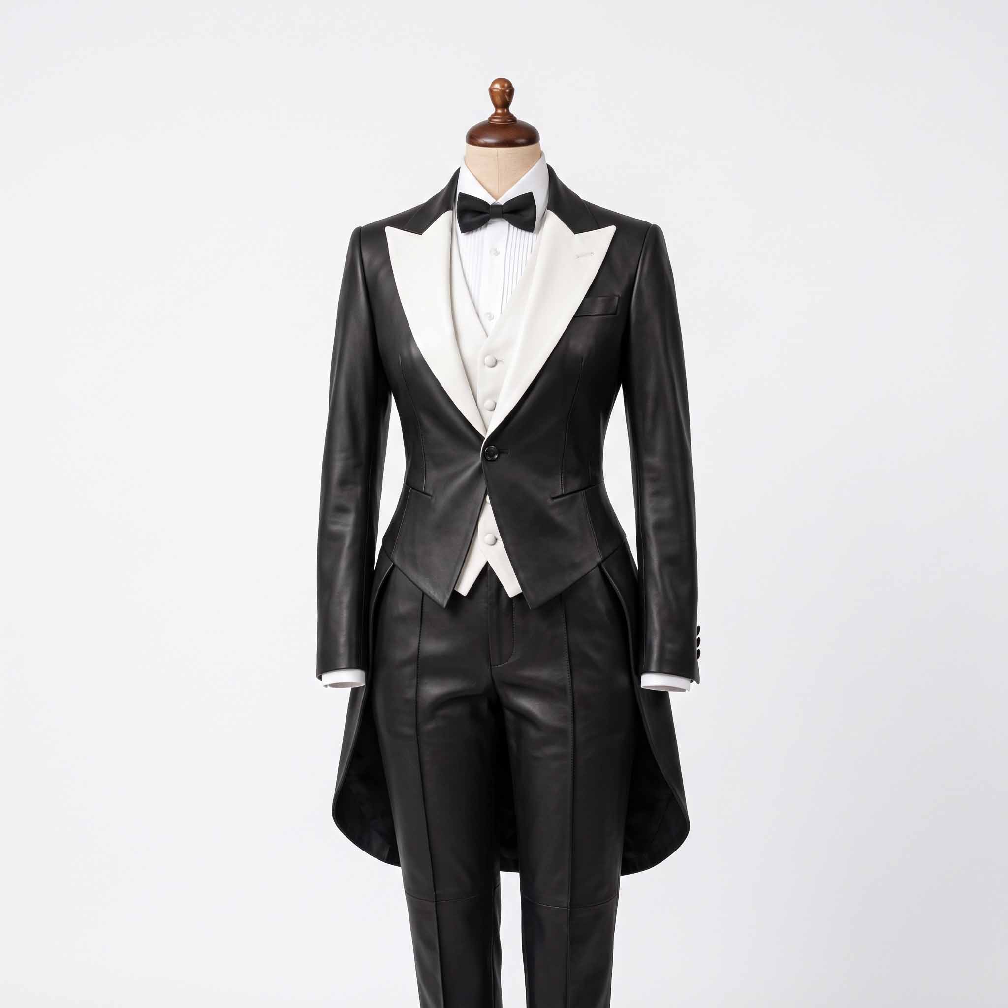 Full length studio shot of ladies black genuine leather tuxedo tailcoat suit with contrast white lapels displayed on tailor mannequin