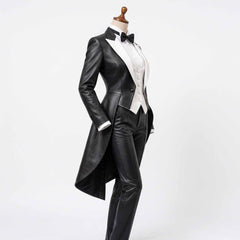 Side profile angle of black lambskin leather formal tailcoat suit on dress form showing front waist taper and flowing rear swallowtail cut