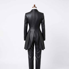 Rear full length view of womens handmade black leather swallowtail coat and straight leg trousers on mannequin stand on white background