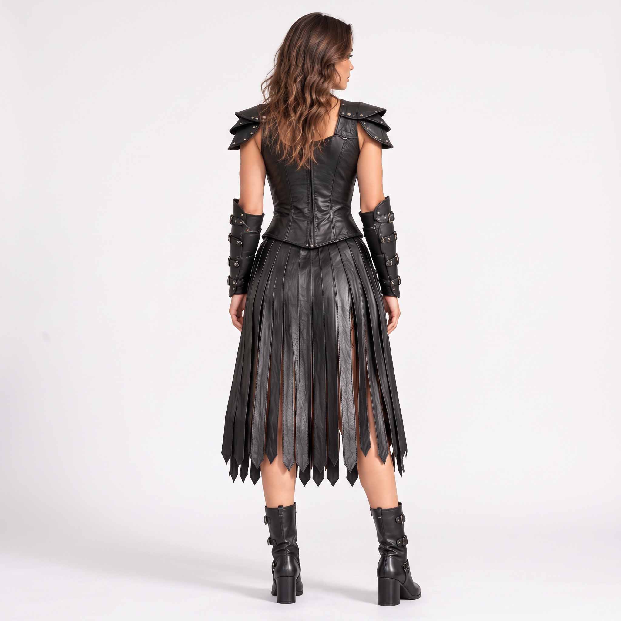 Back full length view of womens black genuine leather warrior corset showing rear zipper closure, studded pauldrons, and pointed leather fringe skirt