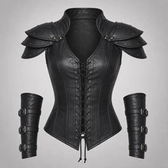 Front view of a women's black genuine leather armor corset featuring tiered studded shoulder pauldrons, lace-up front, and two matching triple-buckle forearm bracers.