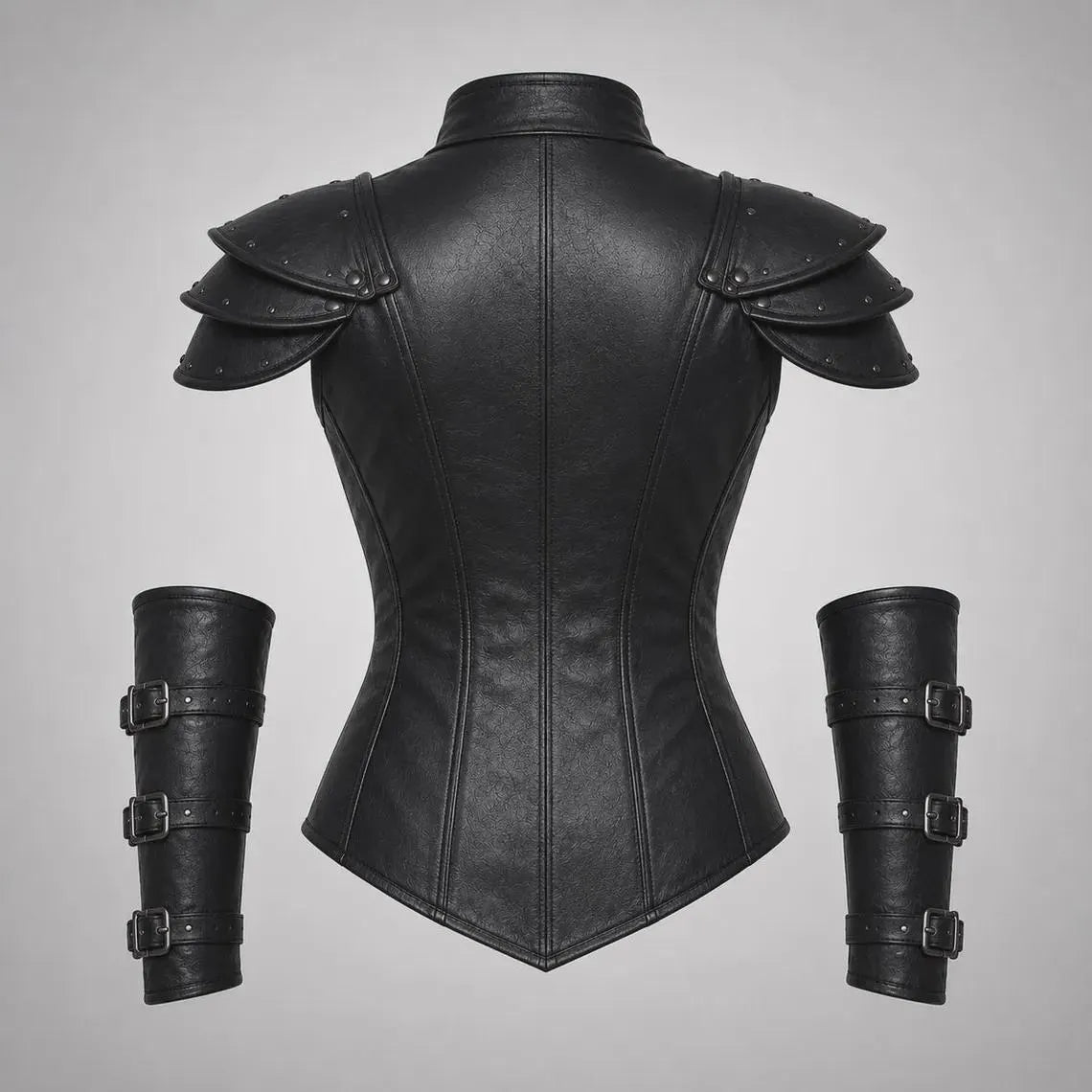 Rear view of a tailored black leather medieval warrior bodice showing vertical panel seams, high neck collar, and segmented shoulder armor plates.