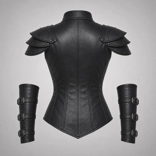 Rear view of a tailored black leather medieval warrior bodice showing vertical panel seams, high neck collar, and segmented shoulder armor plates.