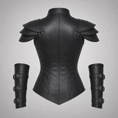 Rear view of a tailored black leather medieval warrior bodice showing vertical panel seams, high neck collar, and segmented shoulder armor plates.