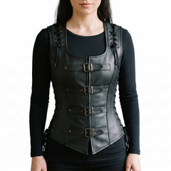 Front view of woman wearing handmade black lambskin leather steel boned corset vest with four roller buckles and lace-up shoulders