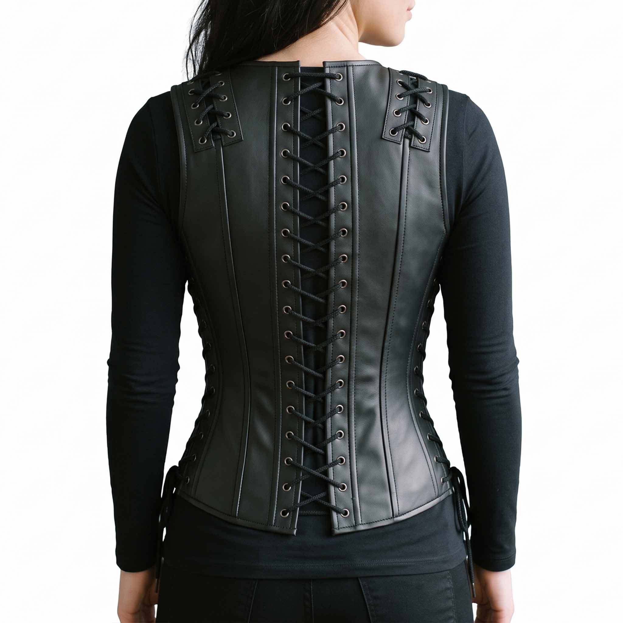 Direct rear view of female model wearing black leather corset waistcoat showing full length spine cord lacing and vertical steel boning seams