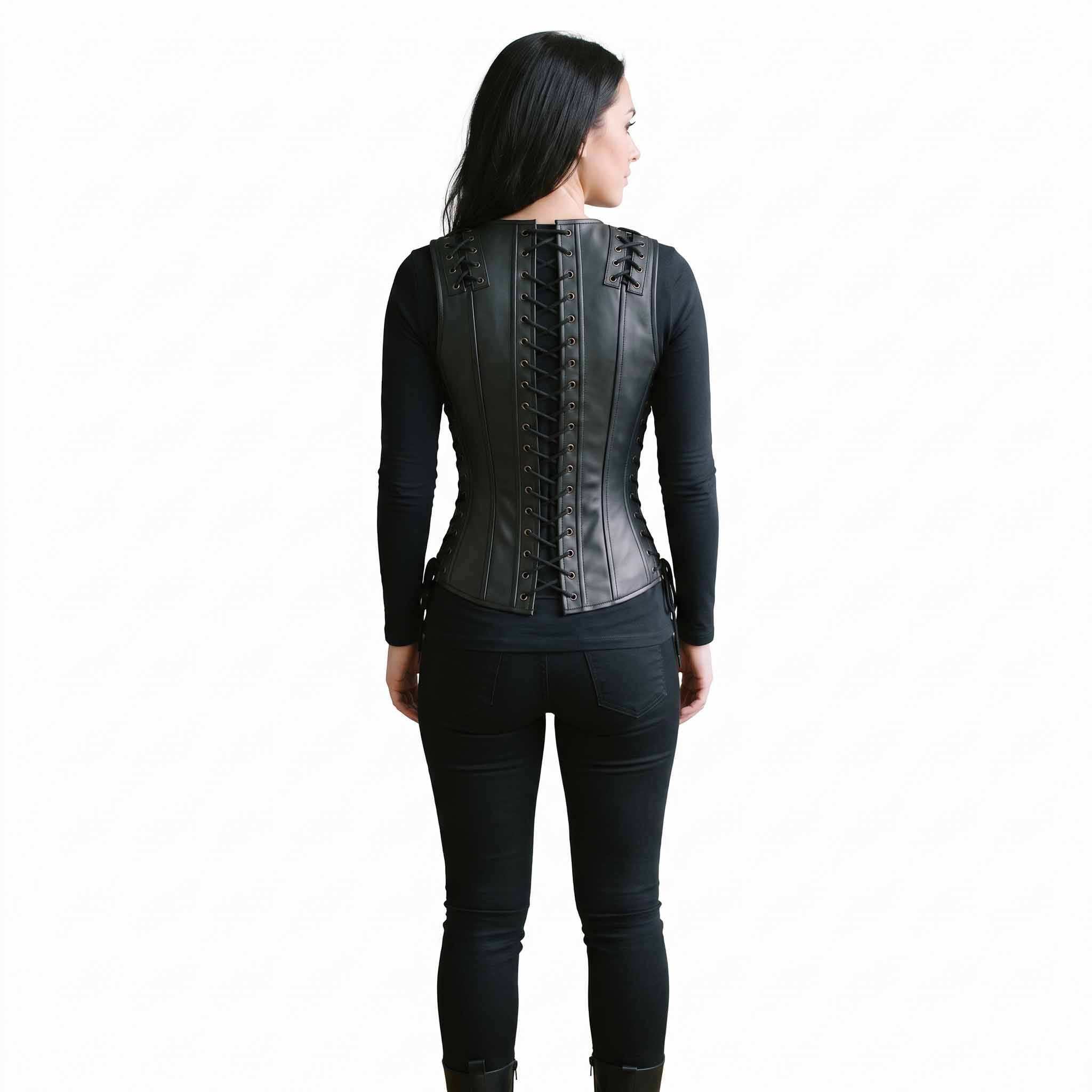 Full length back studio shot of woman showing the hourglass silhouette of black leather lace-up corset vest paired with black jeans