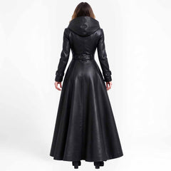 Full-length back profile of the handmade black leather steampunk duster jacket, emphasizing its tailored waistline and flared hemline.