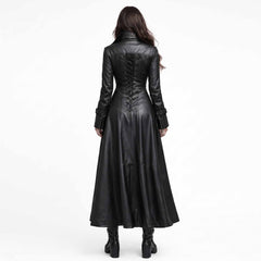 Direct back view of woman modeling black leather maxi coat highlighting continuous spine eyelet corset cord lacing and flared bottom hem