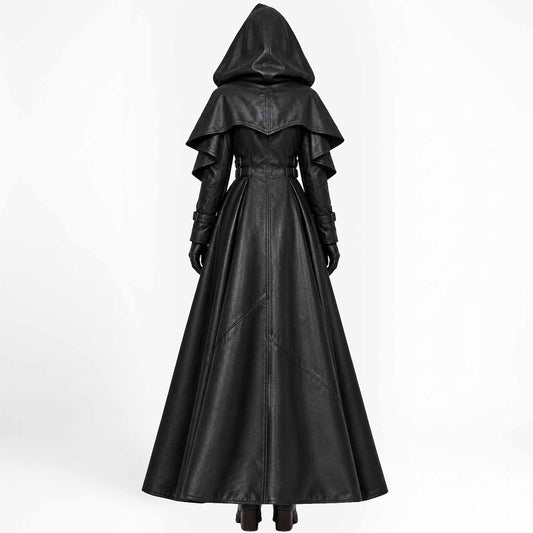 Back view of a woman showcasing the large hood, paneled tailoring, and sweeping floor-length hem of the gothic leather medieval cape.