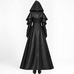 Back view of a woman showcasing the large hood, paneled tailoring, and sweeping floor-length hem of the gothic leather medieval cape.