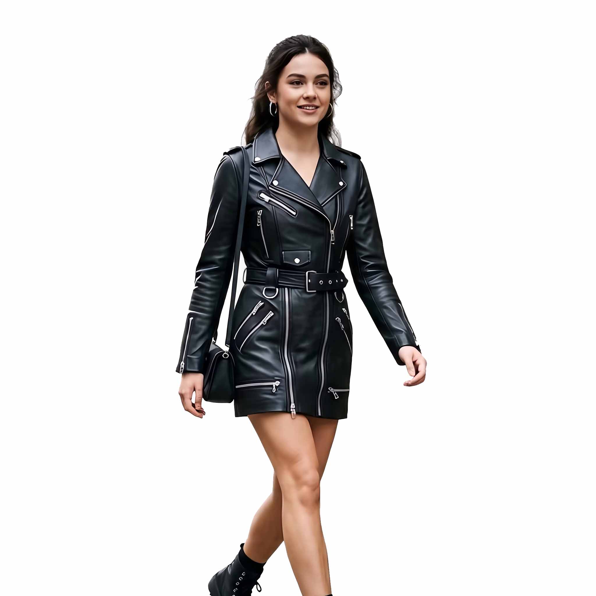 Walking perspective of model wearing tailored black leather long sleeve mini dress paired with black shoulder bag