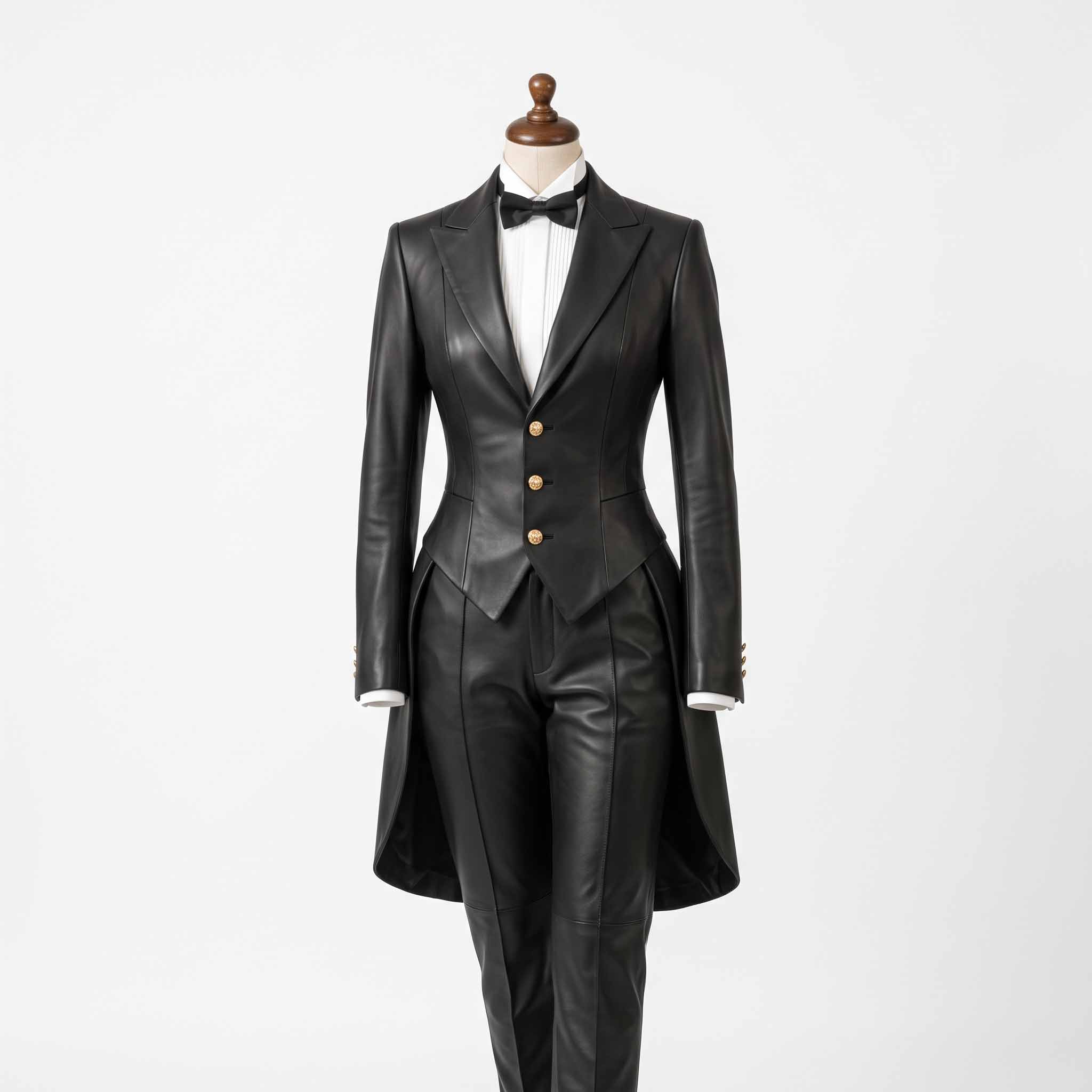 Front view of handmade womens black sheepskin leather formal tailcoat suit with gold buttons and matching tailored pants on white background