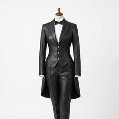 Front view of handmade womens black sheepskin leather formal tailcoat suit with gold buttons and matching tailored pants on white background