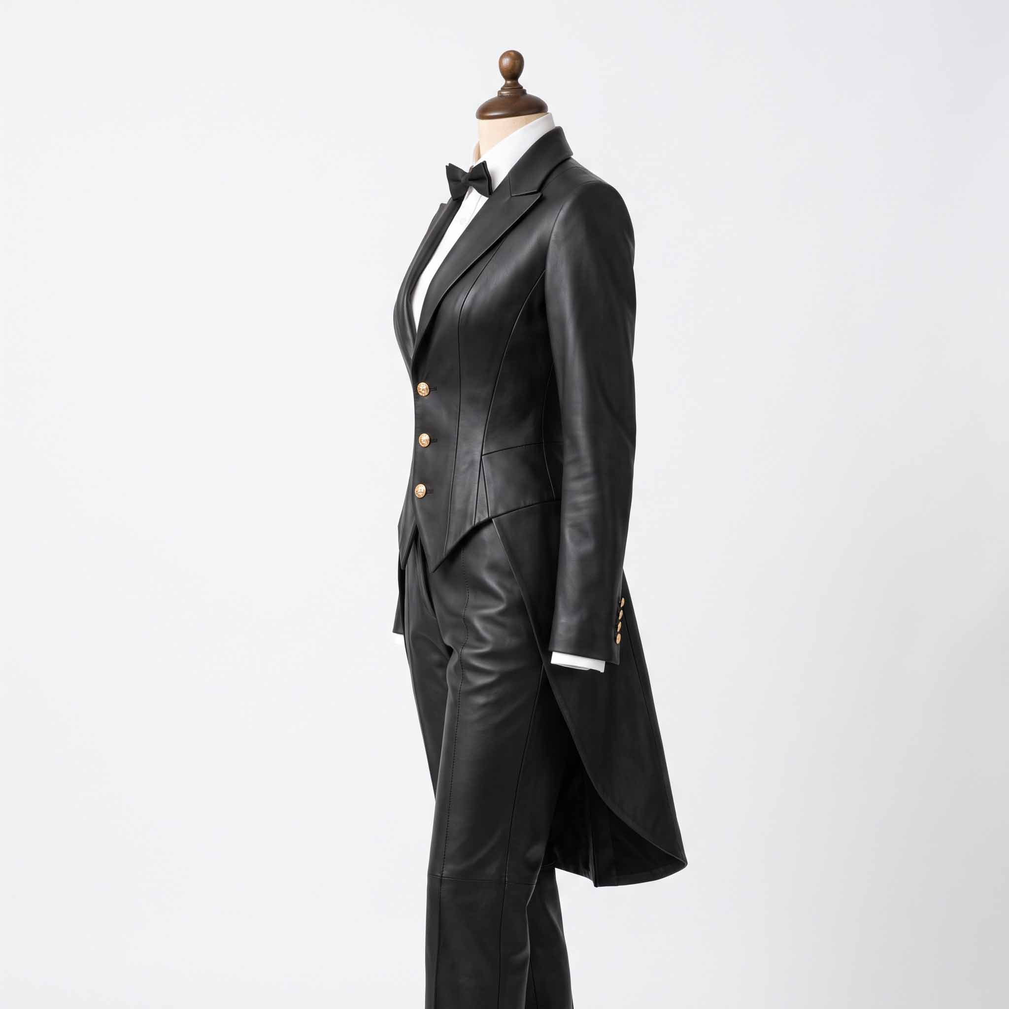 Side profile angle of tailored black leather tailcoat suit detailing peaked lapels, sleeve cuff buttons, and elegant back tail drape