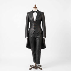 Full length front shot of ladies black genuine leather tuxedo suit set displayed on vintage dress form with white shirt and bow tie