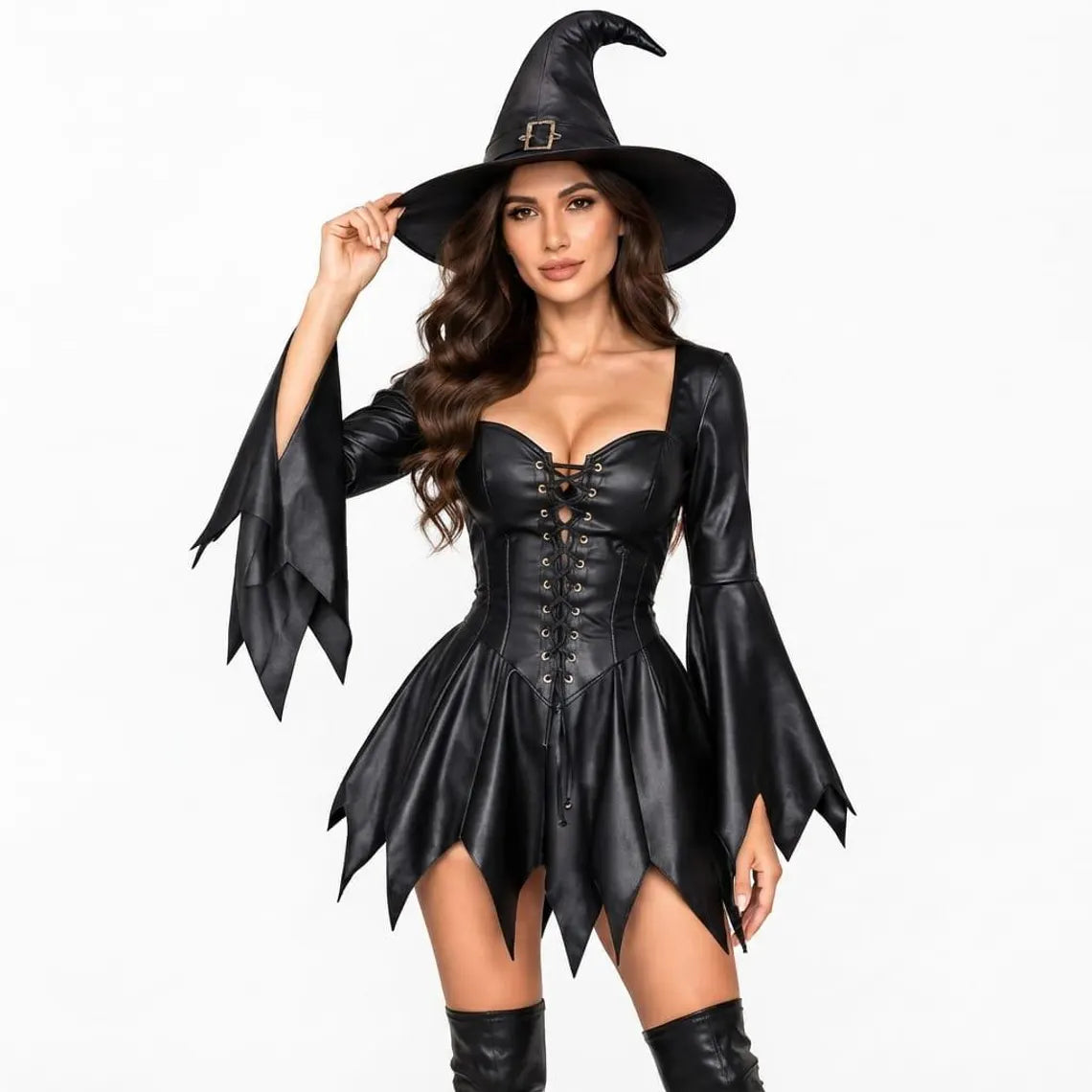 Front view of model wearing a women's black genuine leather witch mini dress with front lace-up corset bodice, bell sleeves, jagged hem, and matching pointed witch hat.